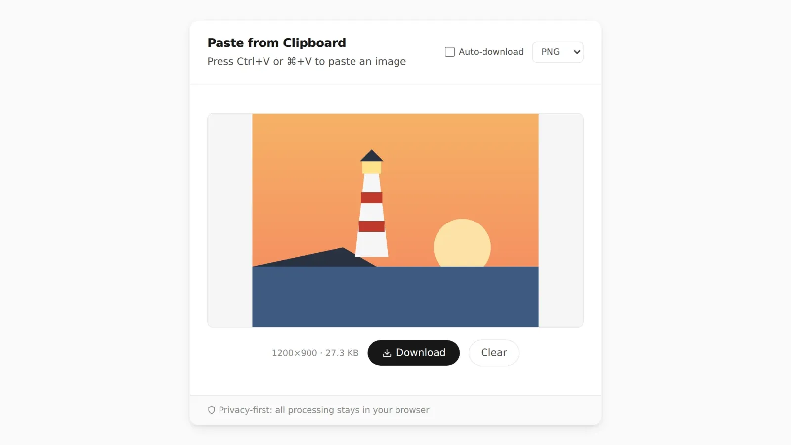 Screenshot of PasteDownloadApp with a pasted 1200 by 900 lighthouse illustration, ready to save as a file before running a reverse image search