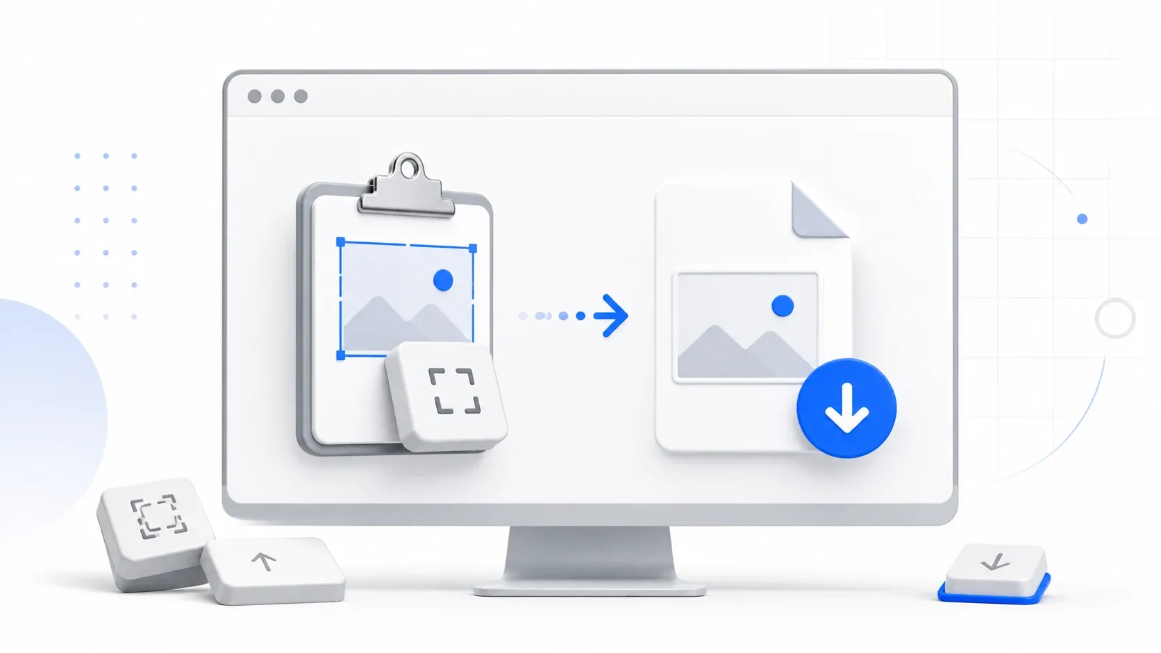 Minimal desktop illustration showing a Windows screenshot moving from clipboard to a downloaded file