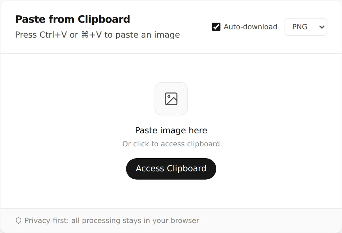 Screenshot of PasteDownloadApp's Paste from Clipboard tool in its default state, with Auto-download checked and PNG selected before any image has been pasted