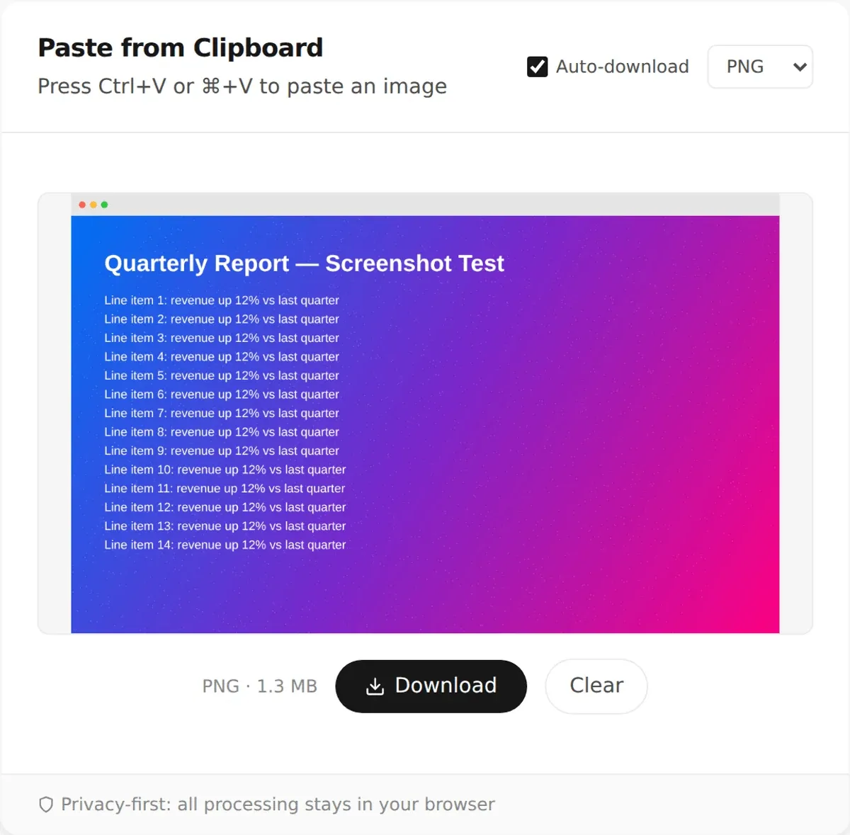 Screenshot of PasteDownloadApp after pasting a test screenshot, showing the resulting PNG file size of 1.3 MB in the paste preview