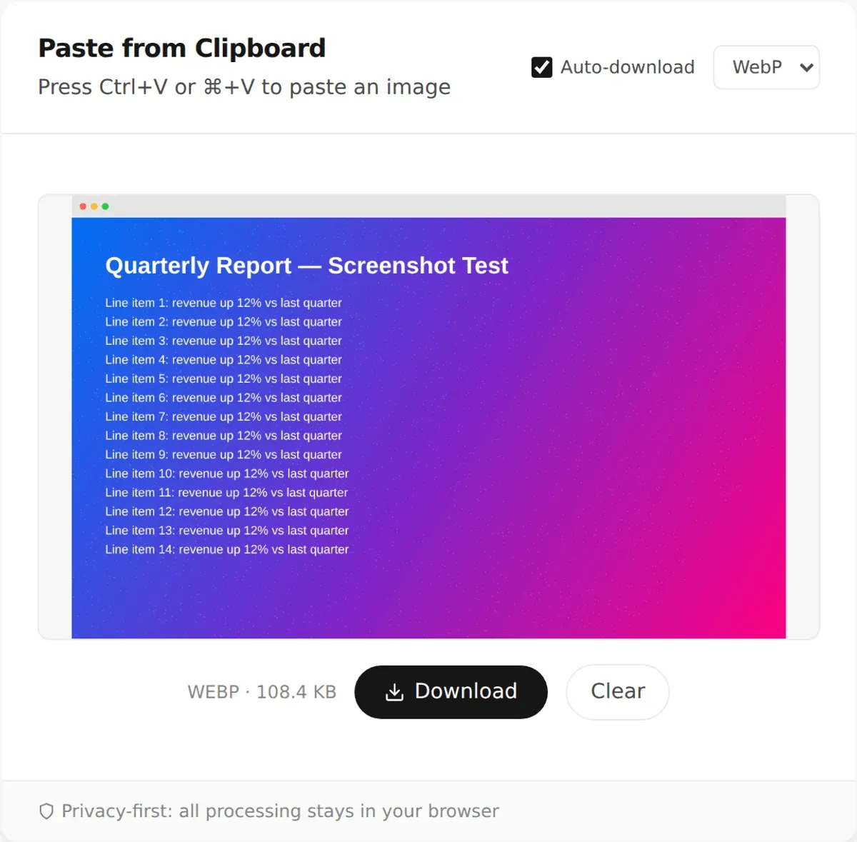 Screenshot of PasteDownloadApp after switching the format dropdown to WebP on an already-pasted image, showing the tool immediately re-converted it to a 108.4 KB WebP file