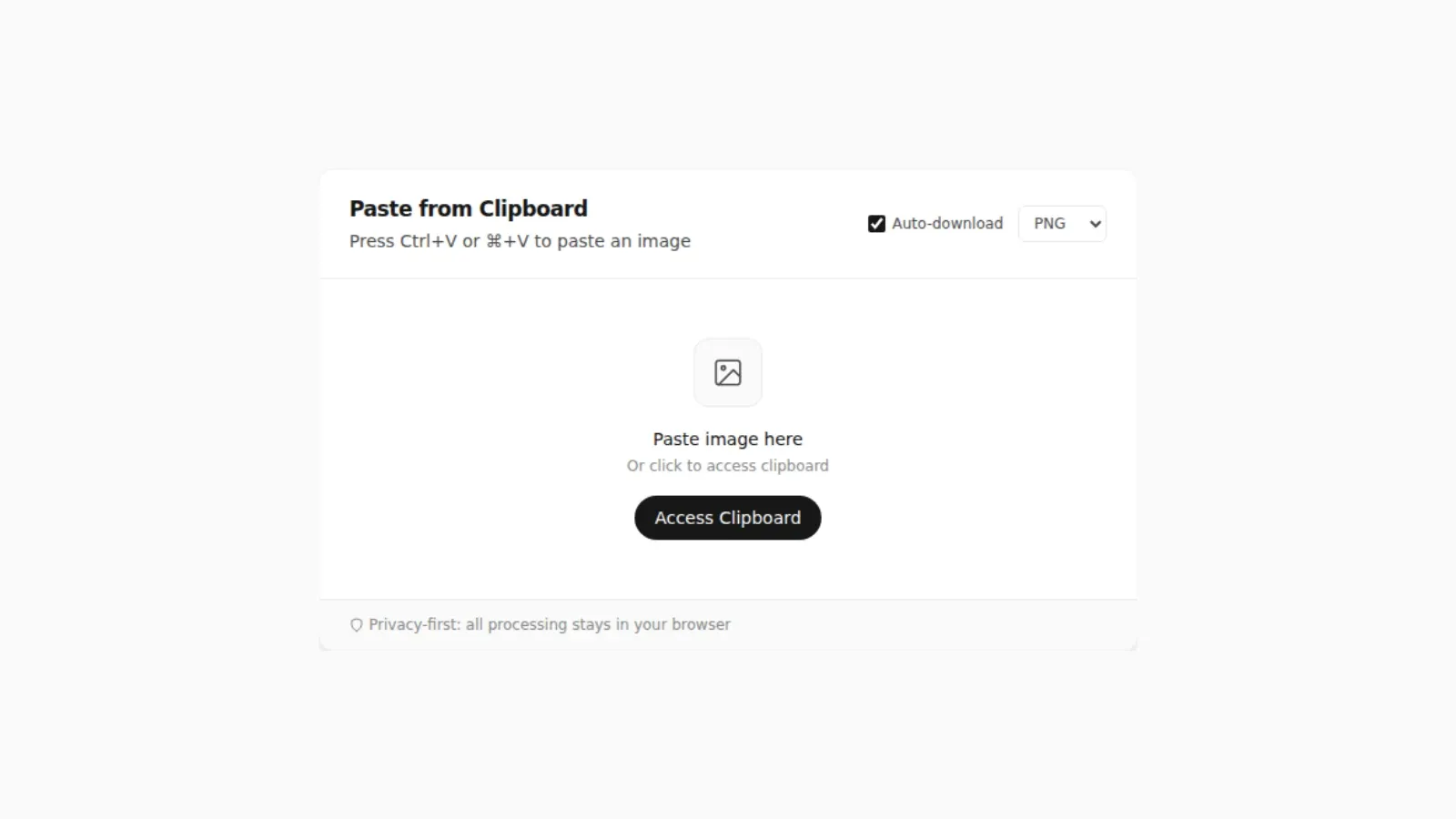 Screenshot of the paste tool in its default empty state, showing the Paste image here and Access Clipboard prompt