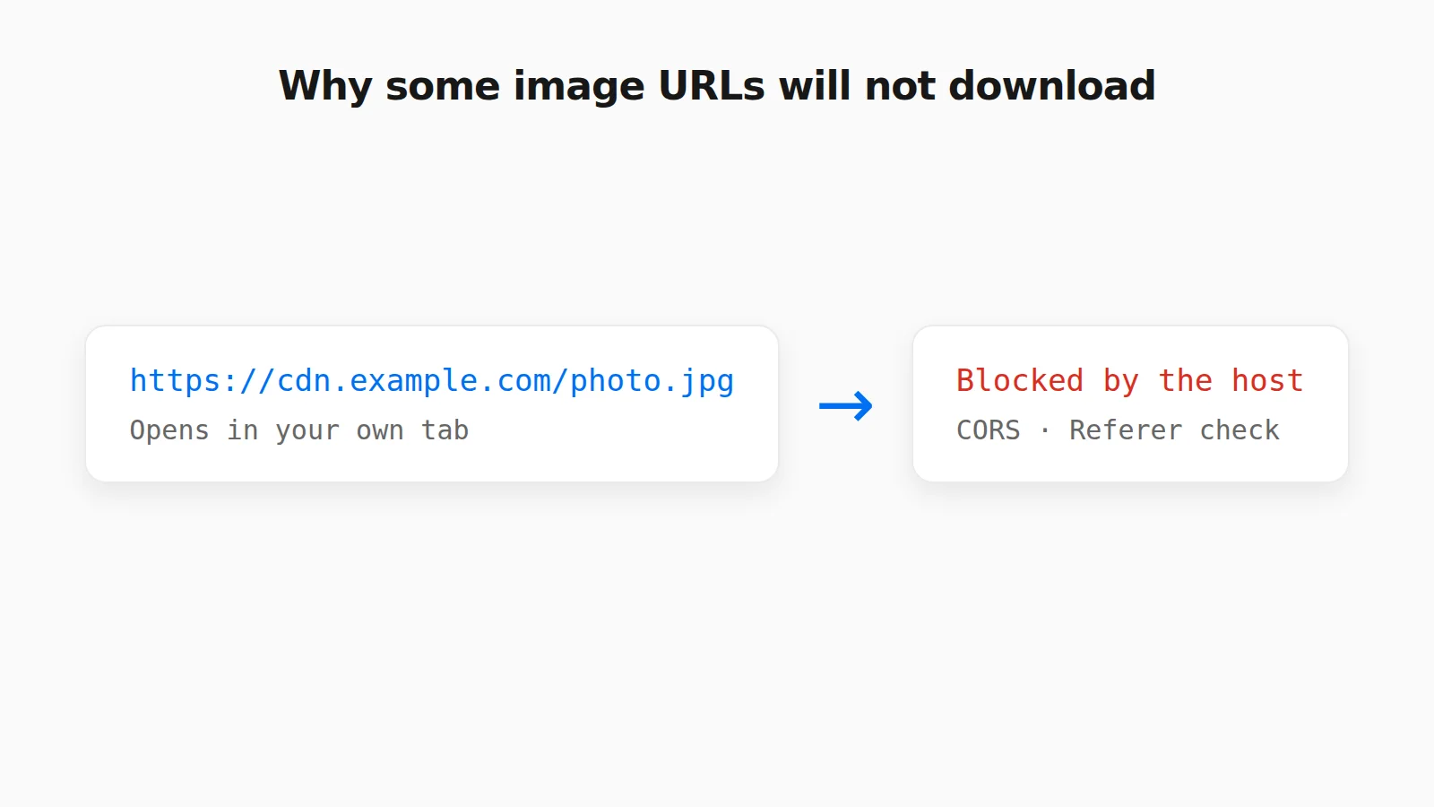 Illustration of an image URL that opens in the browser but is blocked by the host with CORS and Referer checks