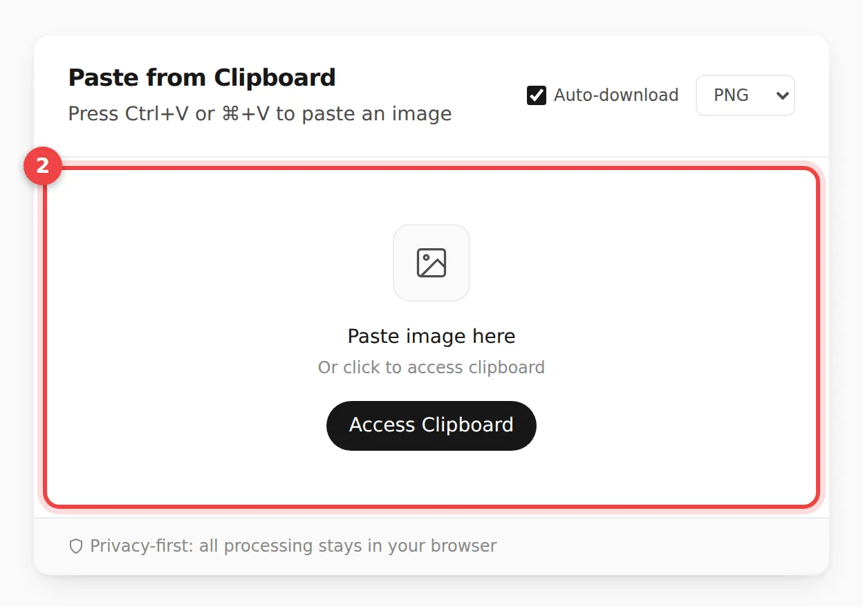 The Paste from Clipboard box of PasteDownloadApp with the drop zone circled in red and marked with a number 2